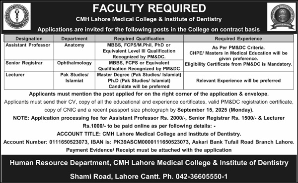 Jobs in CMH Lahore Medical College & Institute of Dentistry